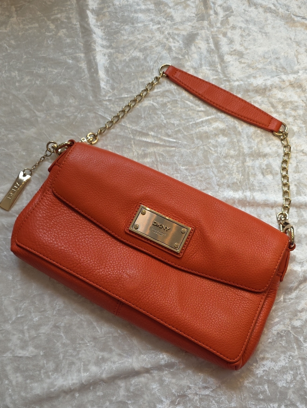 DKNY Orange Pebbled Leather Chain Shoulder Quiet Luxury Clutch